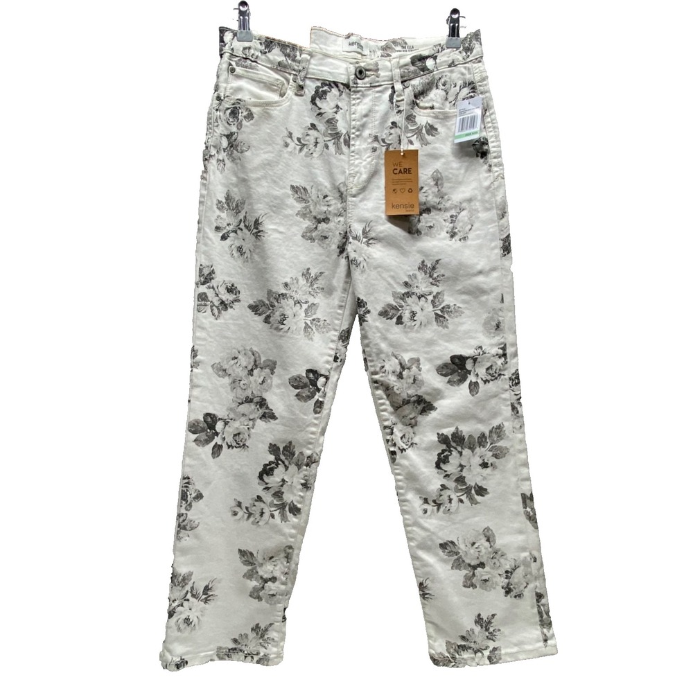 Kensie Jeans Women's 8/29 White Grey Roses High Rise Straight Leg Ella Fit NWT